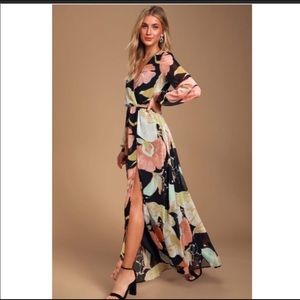 Lulus pink floral maxi dress. Long sleeve black long dress. Sheer sleeves